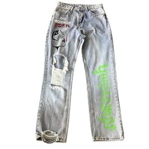 Shein Jeans Distressed High Waist Light Denim Rock Art Streetwear Size M